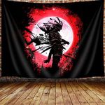 JAWO Anime Samurai Tapestry, Cool Japanese Black and Red Art Tapestry Wall Hanging for Men Bedroom, Asian Chinese Red Sun Tapestries Poster Blanket College Dorm Home Decor (60"X40")