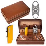 M TIME C CLUB Travel Leather Cigar Case - Premium Cedar Wood and Brown Leather Cigar Humidor - Cutter, Lighter, Humidifier, Portable Cigar Box - Classical Cigar Case for Gentlemen, Brown,