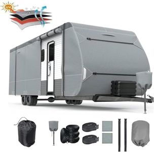 RV Cover Upgraded 8 Layers Top Camper Cover Windproof Travel Trailer Cover for 20' to 22' RV, Tire Cover,Hauler Cover with Tongue Jack Cover, Extra Long Windproof Ropes (Fits 20-22FT)