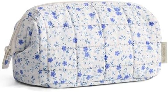 BAGSMART Makeup Bag Travel Toiletry Bag, Puffy Padded Make Up Bags for Women Makeup Organizer Case, Wide-open Pouch Purse Travel Essentials Toiletries Accessories Brushes, Blue Ditsy Floral