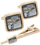 Vittorio Vico Men's Colored Crystal Cufflink & Tie Bar Set in Gift Box (Charcoal/Gold, CS-057-G)