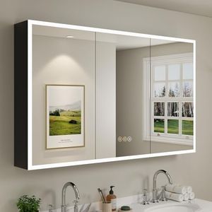 Buruis 60 x 32 Inch Medicine Cabinet with LED Lights and Mirror, Recessed/Wall Mounted Bathroom Cabinet, 3-Color Light, Defogger, Memory Function, Outlet & USB, Dimmer, Black
