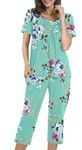 POPYOUNG Women's Summer Two Piece Pajama Sets, Pleated Short Sleeves Tunic Tops with comfy Capri Pants, Lounge Sleepwear Ladies Pjs Sets with Pockets XL,Mint Green