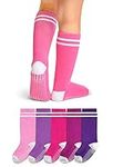 LA Active Knee High Grip Socks - 5 Pairs - Baby Toddler Non Slip/Skid Cotton (Athletic Stripes Girls Multicolor Variety, 12-36 Months)