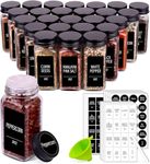 24 Spice Jars with Labels- Glass Spice Jars with Black Metal Caps, 4oz Empty Spice Containers with Shaker Lids, Funnel, Chalk Pen, Churboro Square Seasoning Bottles for Spice Rack, Drawer, Cabinet