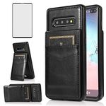 Phone Case for Samsung Galaxy S10 Plus with Tempered Glass Screen Protector Credit Card Holder Wallet Cover Stand Leather Cell Glaxay S10+ Galaxies S10plus 10S Edge S 10 10plus Cases Women Men Black