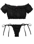 Avidlove Womens Lingerie Self Tie Ruffle Trim Dobby Teddy Mesh Babydoll Lingerie Set Sexy Bra and Panty Black X-Small