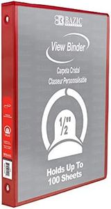 BAZIC Products 3 Ring Binder 1/2" Economy View Binders Organizer - Red, Round Ring, Hold 100 Sheets Paper, for School Office Home, 1-Count