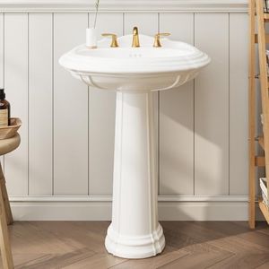 GarveeTech 20 x 26 Inch Bathroom Pedestal Sink, Classic Freestanding Ceramic Sink with Overflow Hole, Vintage White Bathroom Sink with 3 Pre-Drilled Holes for 8 Inch Faucets