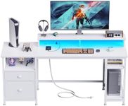 Furologee 61" Desk with LED Light & Power Outlets, Reversible Computer Desk with File Cabinet & Drawer, White Gaming Desk Writing Table with Dual Monitor Stand, for Home/Office/White