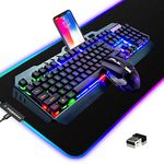 Wireless Gaming Keyboard and Mouse Combo,3 in 1 Rainbow LED Rechargeable Keyboard Mouse with 3800mAh Battery Metal Panel,10 Colors RGB Gaming Mouse Pad (32.5x12x0.15 inch),7 Colors Mute Gaming Mouse