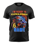 Print My Fashion Customized Personalized Birthday Boys T-Shirt Monster Truck Theme, Regular Fit Trendy & Comfortable, Name Age Printed Graphic Cotton t Shirt for Boys (Black_5-6 Years)