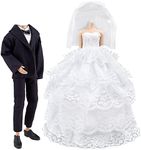 E-Ting Wedding Pack, Beautiful Gown Bride Dress Clothes with Veil and Groom Formal Outfit Business Suit for Barbie Ken Dolls Gift