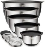 Mixing Bowls Set of 5, Wildone Stainless Steel Nesting Bowls with Airtight Lids, 3 Grater Attachments, Measurement Marks & Non-Slip Bottoms, Size 5, 3, 2, 1.5, 0.63 QT, Great for Mixing & Serving 5pc+3graters Black