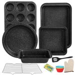 Barlket 6 Pcs Bakeware Sets Non-Stick, Stackable Baking Pans Set, with Cookie Sheet/Muffin Pan/Cooling Rack/Loaf Pan for Home Bakers, Baking Set Black, Baking Sheet Set