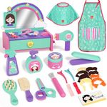 Lehoo Castle Wooden Hair Salon Toys, 32 Pcs Kids Hairdressing Pretend Playset for Girls 3+ Years Old, Barber Hair Styling Role Play Toy with Apron/Hair Dryer/Hair Accessories