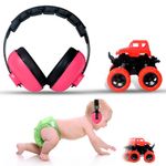 RATURISH Noise Cancellation Earmuffs For Kids with FREE Monster Truck Toy | Baby Hearing Protection | Comfortable Ear Muffs for Kids Ages 0-3 | Adjustable | Safe Soundproof Headphone For Babies (Rose)