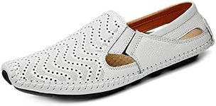 Asifn Mens Leather Driving Loafer Lightweight Slip-on Perforated Breathable Walking Boat Shoes Flat Slippers Outdoor Moccasin 9-9.5 White,10.45" Heel to Toe