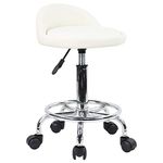 KKTONER PU Leather Round Rolling Stool with Foot Rest Height Adjustable Swivel Drafting Work SPA Task Chair with Wheels (White)