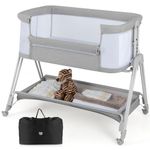 GYMAX Baby Beside Crib, Foldable Infant Side Cot with Carry Bag, Storage Basket Mattress and Wheels, Height Adjustable Toddler Co-Sleeping Bed (Light Gray)