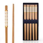 Dravina Bamboo Chopsticks Reusable 5 Pairs Which is BPA Free, Odorless, Heat Resistant, Dishwasher Safe| Solid Bamboo Chopstick Ideal for Sushi Making Kit, Non-Slip Chop Sticks- Gift Set- 24cm