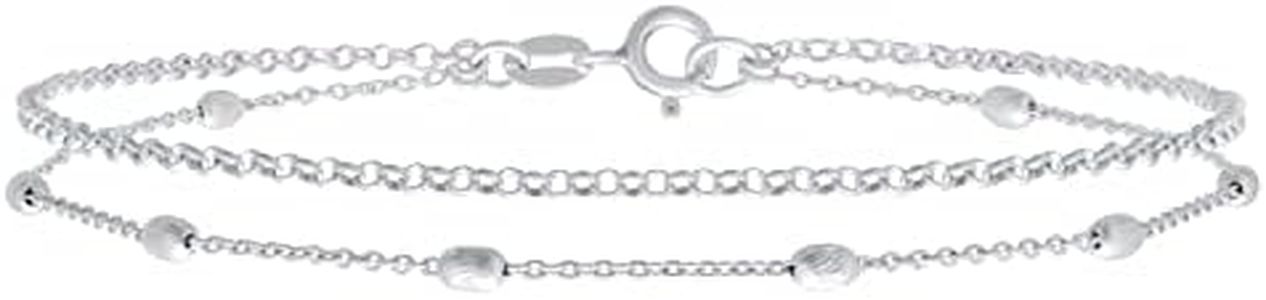 Simple Minimalist Alternating Chain Oval Polished .925 Sterling Silver Small Oval Beads Layer Double Chain Anklet Station Ankle Bracelet For Women Teens 9 Inch