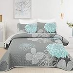 Quilted Bedspread Double Size Grey Flowers Bedspread Coverlet Soft Microfiber Quilt Bedding Set with 2 Pillow Cases for All Seasons 220x240cm