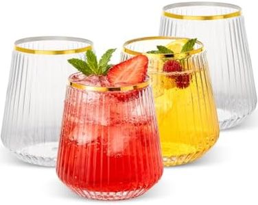 Goodluck 80 Pack 12oz Stemless Clear Ribbed Plastic Wine Glasses Gold Rim