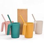 Unbreakable Drinking Cups, 350 ML Plastic Drinking Cups Reusable Cup for Kids Adults, 4 PCS Coffee Mugs with Handle, 4 PCS Straws, Hot or Cold Water Milk Tea Tumblers, Dishwasher and Microwave Safe