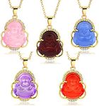 NEWITIN 5 Pieces Laughing Buddha Necklaces for Women Colorful Crystal Cubic Zirconia Pendant Necklace Bling Gold Plated Chains Good Luck Jade Men, Metal, Blue,Pink,Purple,Red