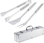 KIRFIZ 3 Pcs Silver Stainless Steel Barbecue BBQ Tool Kit Set Grilling Utensils Barbecue Spatula Tong, Fork Barbecue Cooking Helping Accessories with Storage Carry Bag,Best for Non Veg Cooking