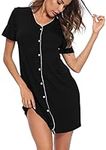 SWOMOG Women's Button Down Nightgown Short Sleeve Nightshirt V-Neck Sleepwear Boyfriend Sleepshirt Pajama Dress Black