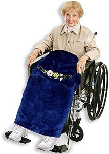 Classy Pal Wheelchair Blanket with Pouch for Adults, Fleece Wrap for Airplane & Train, Packable Nap Travel Accessories (Navy Blue + Embroidered Flower)