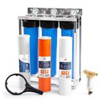 AQUABOON 3-Stage 20" Whole House Blue Color Filtration System, Set of Freestanding Stainless-Steel Bracket Pressure Gauges+KDF+Activated Carbon Block+Sediment Filter Cartridges, Well Water Solution