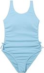 Milumia Girl's One Piece Ribbed Knit Swimsuit Ruched Knot Scoop Neck Bathing Suit Z Light Blue 13-14 Years