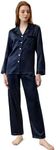 LilySilk Silk Pajamas for Women 100% Mulberry Silk 22 Momme Pajama Set Long Sleeve Button Down Sleepwear & Wide Trouser-Leg Pants Navy Blue XS