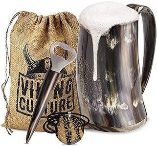 Viking Culture Ox Horn Mug, Norse Pendant, and Bottle Opener (3 Pc. Set) Authentic 32-oz. Ale, Mead, and Beer Tankard | Vintage Stein with Handle | - Polished Finish | Wolf/Fenrir
