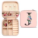 Seorsok Personalized Letter Jewelry Box, PU Leather Travel Portable Case with Mirror, Mini Pink Alphabet Flower for Women Mom Girls Gift, Jewelry Storage Case for Rings Earrings Necklace, Letter J