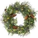 Christmas Wreath for Front Door, 45cm/18’’ Xmas Artificial Hanging Wreath Decorations with 30 LED lights, Pine Cones, Eucalyptus Leaves, Pre Lit Ornaments for Wall, Home Decor