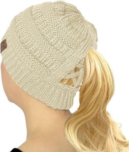 C.C Beanie for Women Winter Hats Ponytail Hole Criss Cross Hat Messy Bun High Ponytail Knit Cap, Beige, One Size