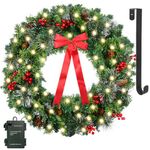 Christmas Wreath for Front Door - Prelit Christmas Decorations Wreath - 24 Inch Traditional Xmas Wreath with Red Berries, Pine Cones, Silver Bristles, Battery Operated String Lights, Wreath Hanger