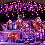 Halloween Icicle Lights Outdoor, 512 LED 46.5FT 8 Lighting Modes with Timer & Memory, Curtain Fairy String Lights with 96 Drops for Halloween Decorations Holiday Party Eaves Yard (Purple & Orange)