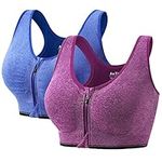 AoOnZan 2 Pack Sports Bras for Women High Impact Seamless Wireless Padded Yoga Bra, Front Zipper Closure Brassiere Sport (Blue Purple, X-Large)