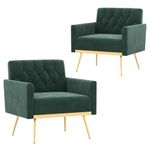 KOMFOTT Velvet Accent Chairs Set of 2, Modern Tufted Armchair with Golden Metal Legs & Adjustable Foot Pads, Upholstered Sofa Chair, Comfy Reading Chair, Living Room Chairs for Bedroom, Dark Green