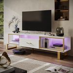 Bestier TV Stand with LED Light for TVs up to 80 inch, Modern Entertainment Center with Open Storage and Half-Glass Design Drawer, High Gloss Media Console Table for Living Room Bedrom, White and Gold