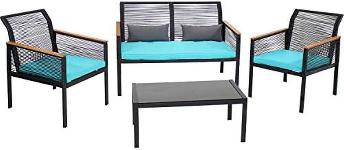Sunnydaze Coachford 4-Piece Patio Conversation Furniture Set - 1 Loveseat, 2 Chairs and 1 Coffee Table - Thick Blue Cushions