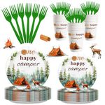 96PCS One Happy Camper Birthday Decorations, Camping Birthday Party Decorations, Camping Plates Cups Camping Themed Party Decorations Disposable Dinnerware Set for Birthday Party Serve 24