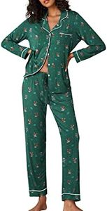 Ekouaer Pajamas Women's Long Sleeve Sleepwear Soft Button Down Loungewear Pjs Set Nightwear XS-XXL, Christmas Green with Elk, X-Small