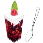 DLux 100 x 3 oz Mini Dessert Cups with Spoons, Square Tall - Clear Small Reusable Serving Bowl for Tasting Party Desserts Appetizers - with Recipe Ebook