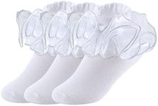 Yepami Big Girls Lace Socks Shimmering Cute Ruffle Comfortable Frilly Dress Ankle Socks 3 Pairs (Silver,M)